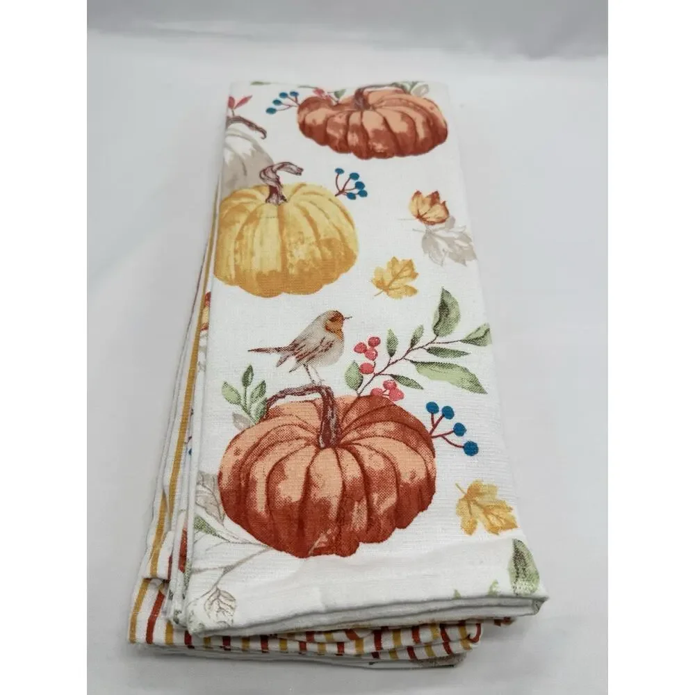 Tahari Thanksgiving Fall Holiday Pumpkins Autumn Leaves Set Of 3 Kitchen Towels